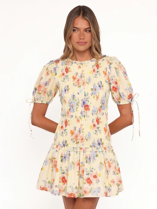 Petal & Pup Dresses & Skirts - Petal & Pup Yellow Floral Smocked Puff-Sleeve Mini Dress